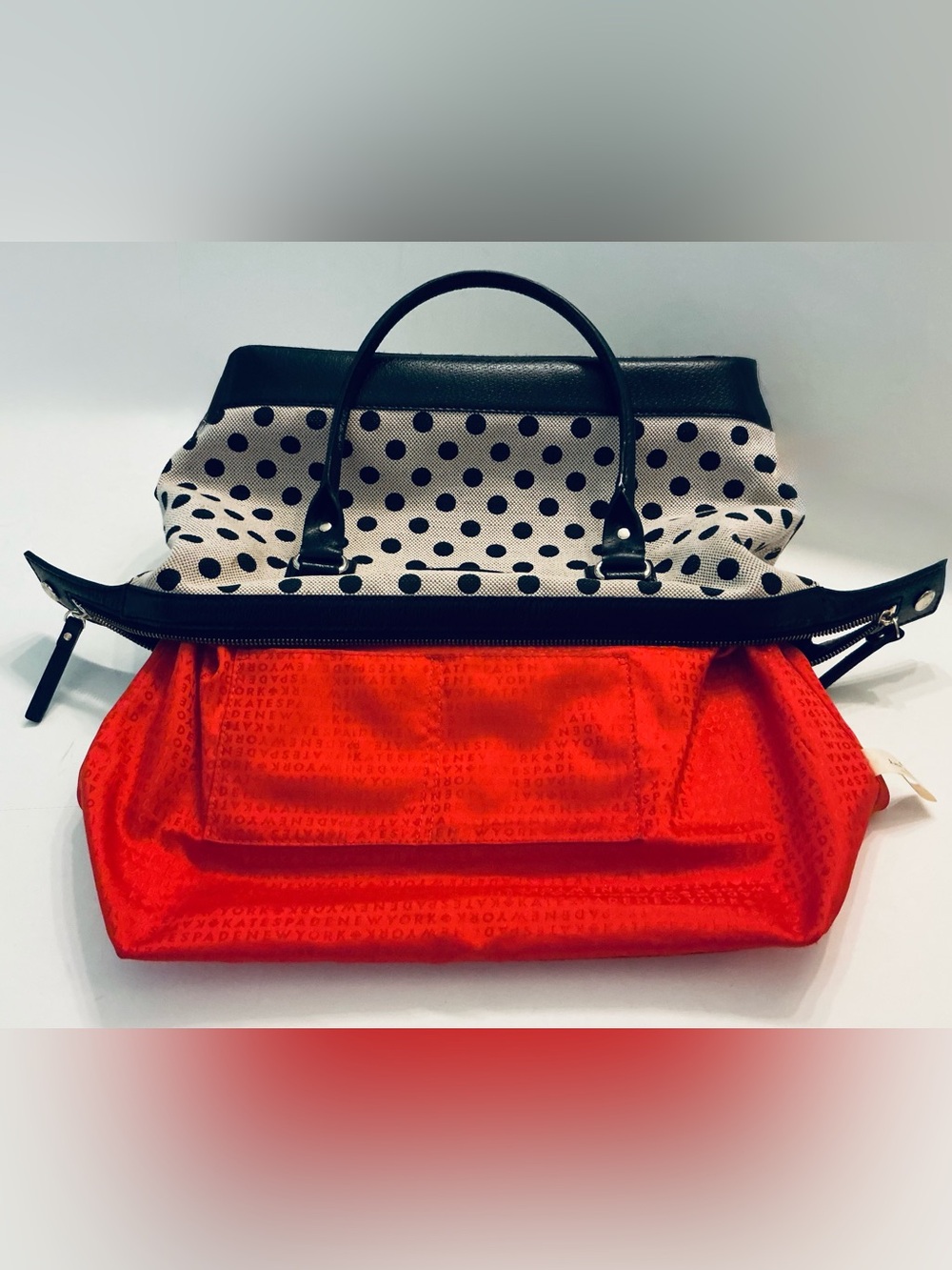 KATE SPADE, Justina Ashlyn Belltown Polka Dot Canvas and Leather Satchel Handbag - Picture 14 of 16